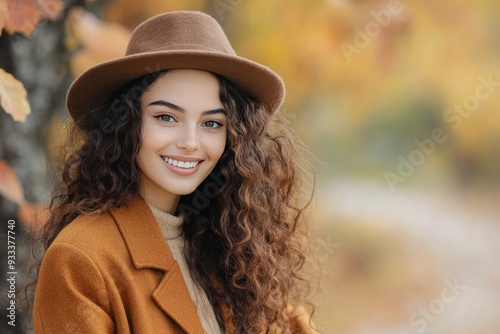 Young woman smiling in a brown hat and coat among autumn leaves in a park