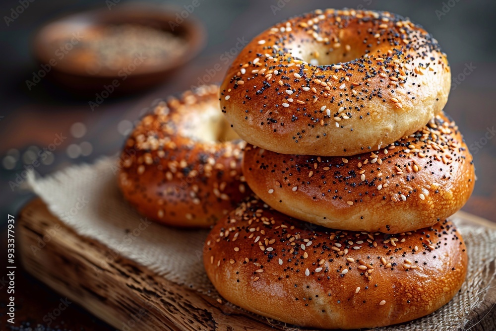 A delicious spread of freshly baked bagels topped with a mix of poppy seeds and sesame seeds, arranged on a rustic wooden board. The bagels are golden brown and fluffy, ready to be enjoyed with a vari A delicious spread of freshly baked bagels topped with a mix of poppy seeds and sesame seeds, arranged on a rustic wooden board. The bagels are golden brown and fluffy, ready to be enjoyed with a vari