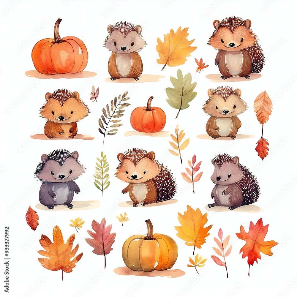 Fototapeta premium Watercolor style cliparts on the theme of autumn
