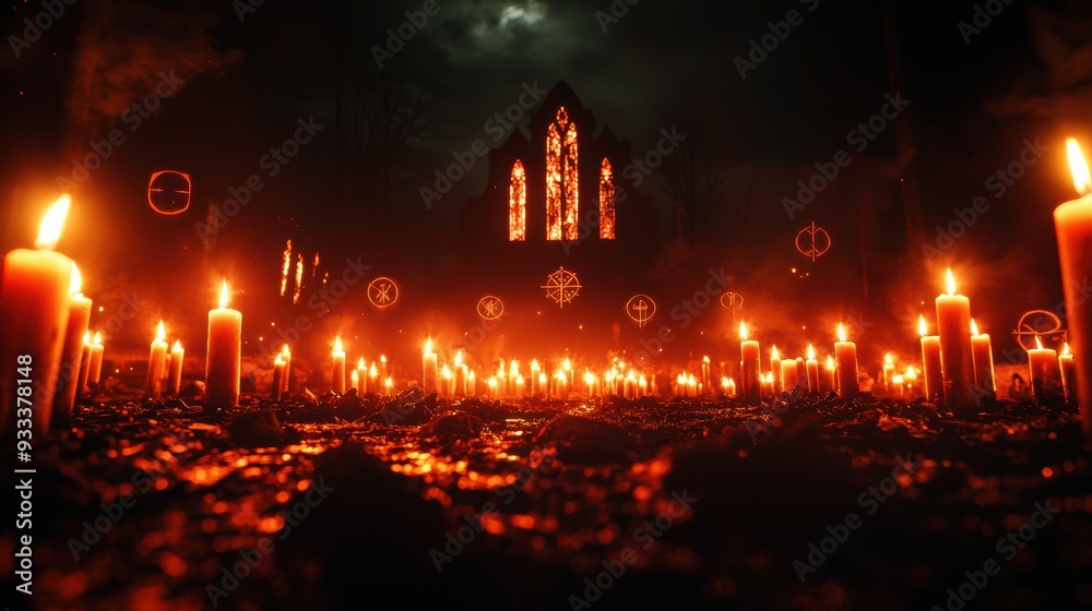 Mysterious Dark Ritual in Abandoned Church with Flickering Candles and Strange Symbols, Copy Space for Text, Selective Focus (Ultra HD) Mysterious Dark Ritual in Abandoned Church with Flickering Candles and Strange Symbols, Copy Space for Text, Selective Focus (Ultra HD)