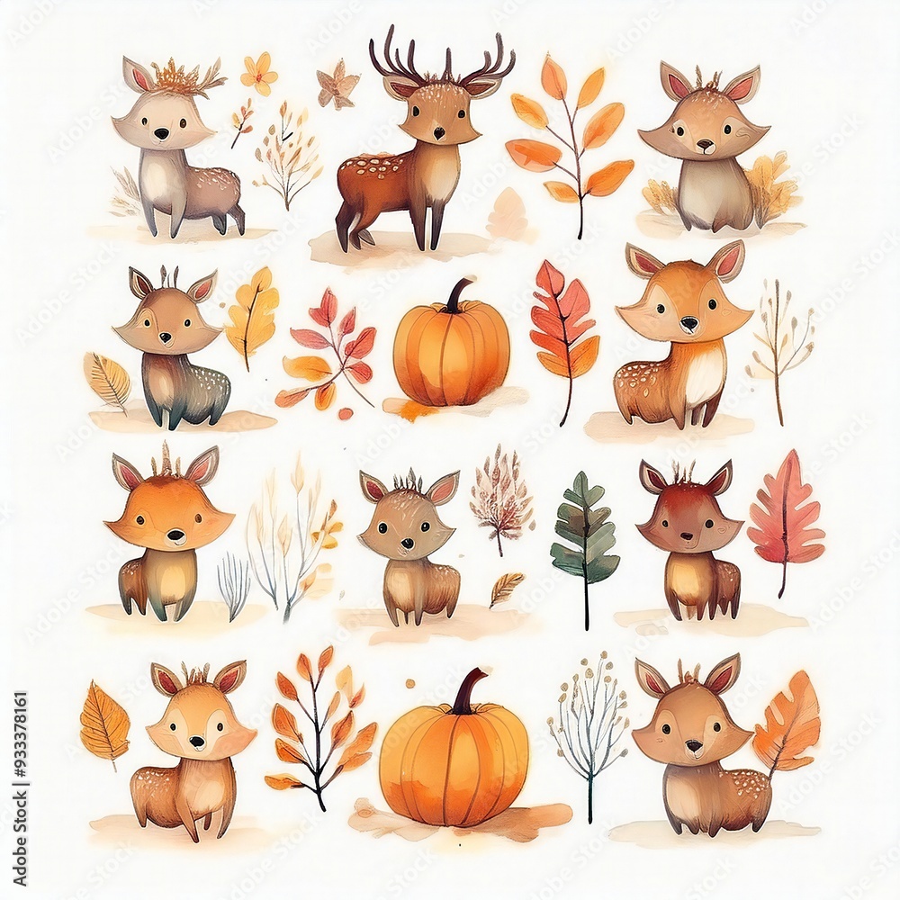 Obraz premium Watercolor style cliparts on the theme of autumn