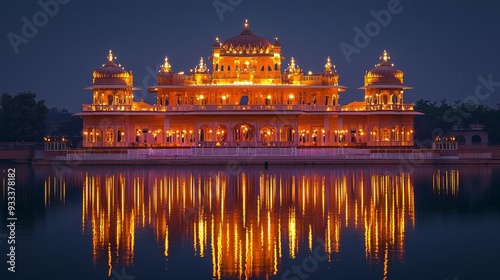 A historic Indian palace illuminated by Diwali lights, with reflections on a tranquil water body, Diwali architecture, heritage celebration