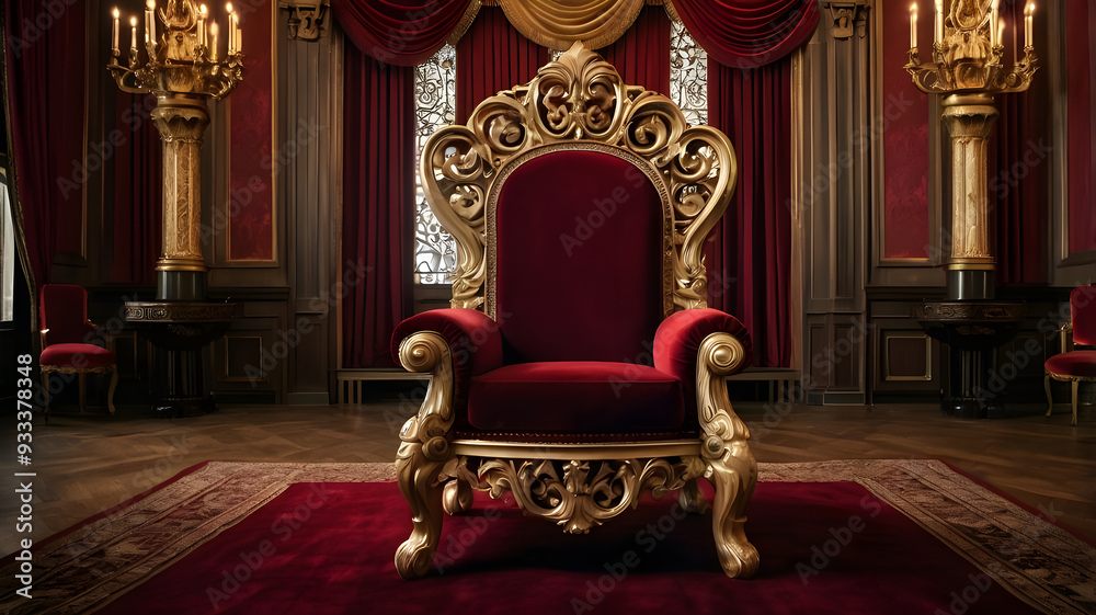 A red chair with a gold frame and red curtains with candles on it. A red chair with a gold frame and red curtains with candles on it.