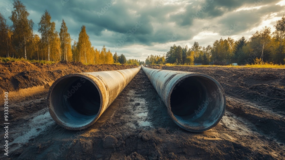 Two large metal pipes are laid in a trench in the ground with a forest in the background. The ground is wet and muddy. Two large metal pipes are laid in a trench in the ground with a forest in the background. The ground is wet and muddy.