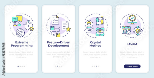 Agile methodologies onboarding mobile app screen. Walkthrough 4 steps editable graphic instructions with linear concepts. UI, UX, GUI template. Montserrat SemiBold, Regular fonts used