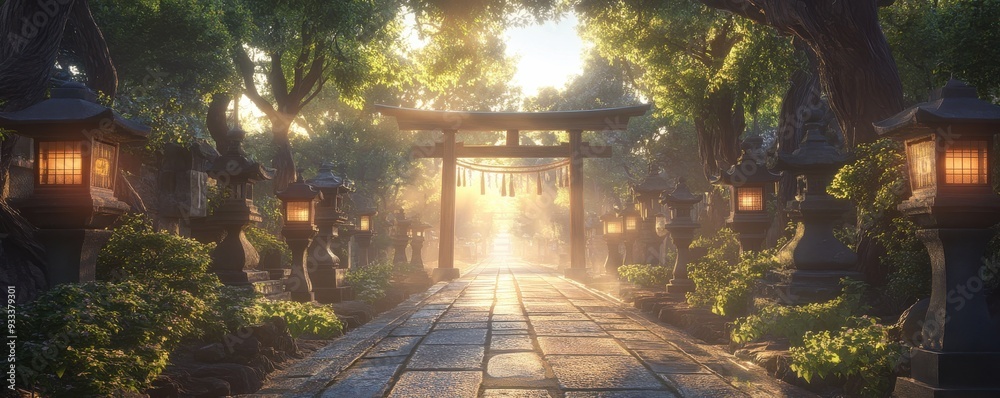 Obraz premium Serene Japanese shrine with morning sunlight illuminating the path through traditional torii gate and lanterns