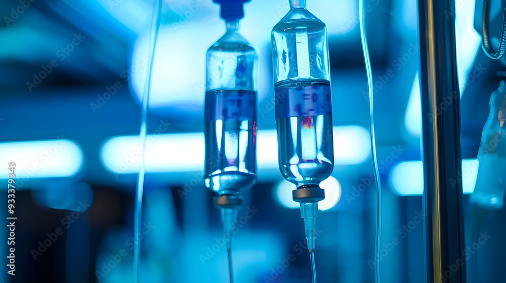 Hospital IV bags with a blue backlight highlighting medical equipment for patient care