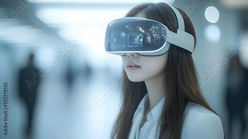 Woman in a white shirt using a VR headset in an office. photo