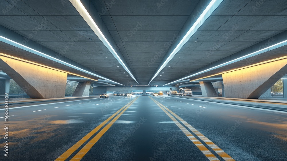 Wet asphalt road under a bridge with yellow lines and a few cars in the distance. Wet asphalt road under a bridge with yellow lines and a few cars in the distance.