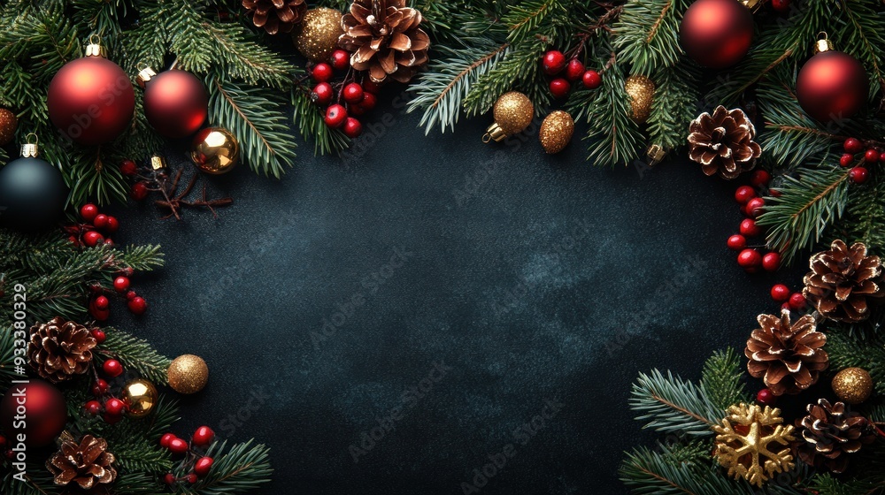 Christmas Decoration Background with Pine Branches, Ornaments, and Pinecones Christmas Decoration Background with Pine Branches, Ornaments, and Pinecones