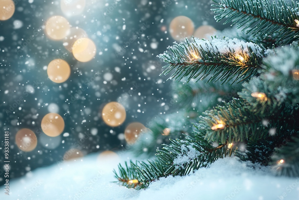 White Snow with Blurred Festive Christmas Tree and Bokeh Light Background White Snow with Blurred Festive Christmas Tree and Bokeh Light Background