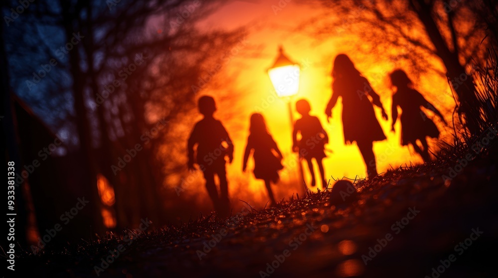 Fototapeta premium Eerie Night: Ghostly Children Playing Under Streetlamp in Desolate Alley - Ultra HD