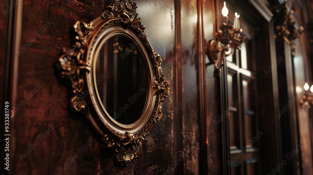 A bronze mirror with an ornate frame hanging in a hallway, reflecting the light