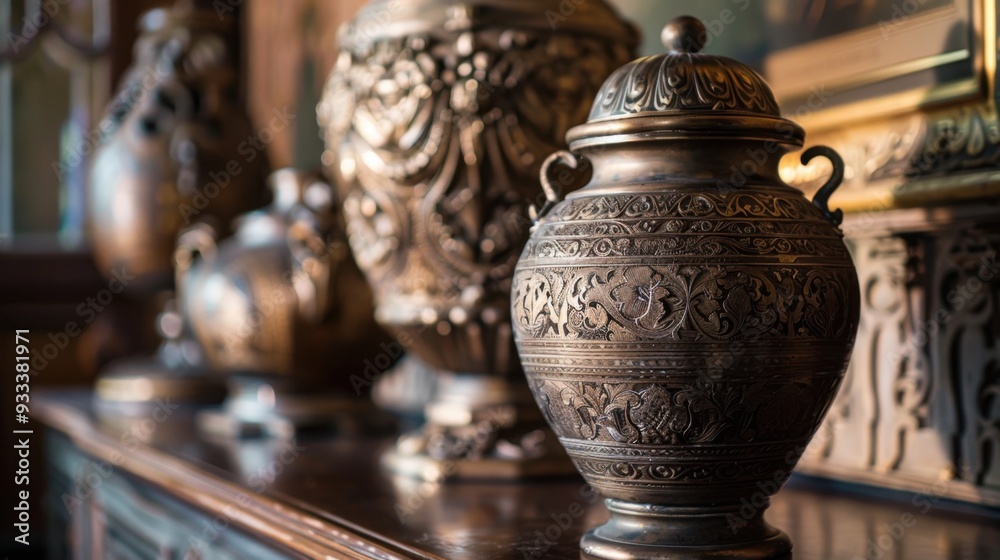 A bronze urn with intricate engravings, resting on a mantelpiece