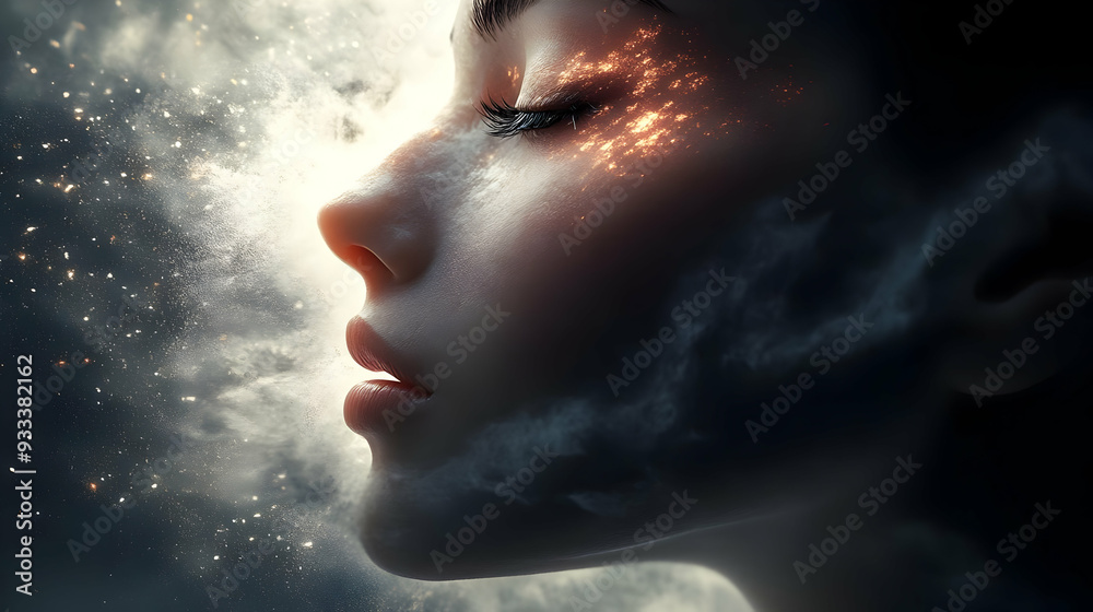 Woman's face with glowing particles and smoke. Woman's face with glowing particles and smoke.