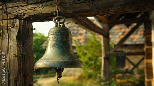 A close-up of a bronze bell hanging from a wooden beam, ready to ring out across the countryside