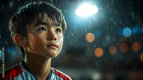 Young boy with wet hair and...