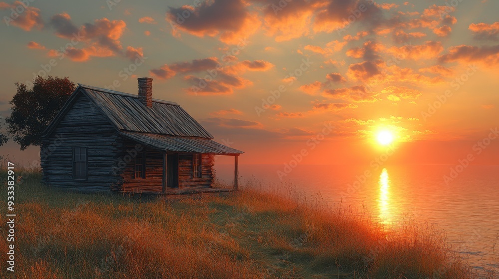 A serene sunset over a lake with a rustic wooden cabin. A serene sunset over a lake with a rustic wooden cabin.