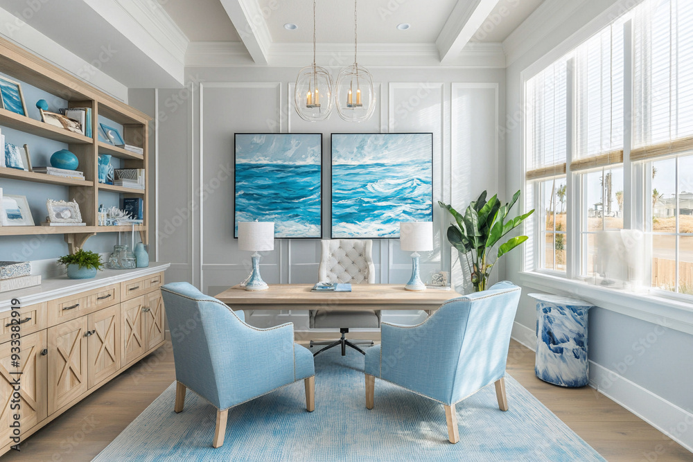Fototapeta premium Bright coastal-style home office with marine colors