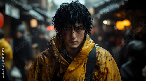 Young man in a yellow rainc...