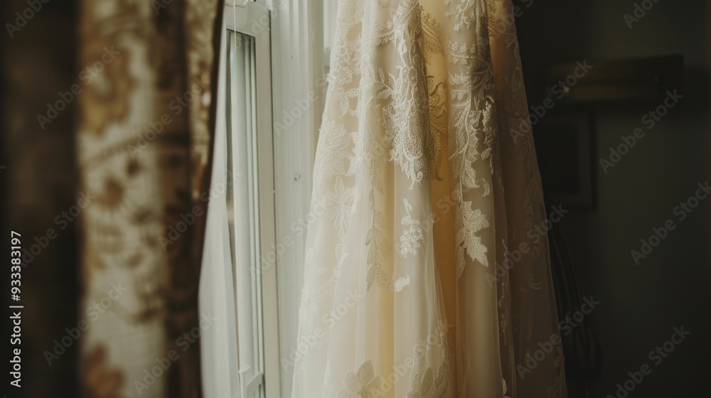 A close-up of a cream-colored wedding dress hanging by a window, ready for the bride A close-up of a cream-colored wedding dress hanging by a window, ready for the bride