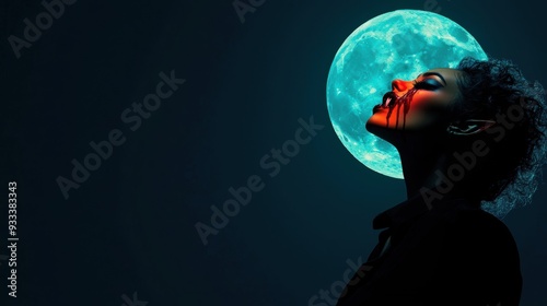 Sinister Vampire with Bared Fangs Under Full Moon - Horror Bloodthirsty Character Portrait with Copy Space, Selective Focus, Ultra HD Quality photo