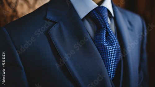 A close-up of a dark blue suit with a matching tie, ready for a formal event