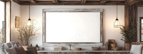 A 3D rendered mockup of a white background frame set in a cozy rustic farmhouse style interior  The scene features weathered wood details accent pieces in a color palette and warm