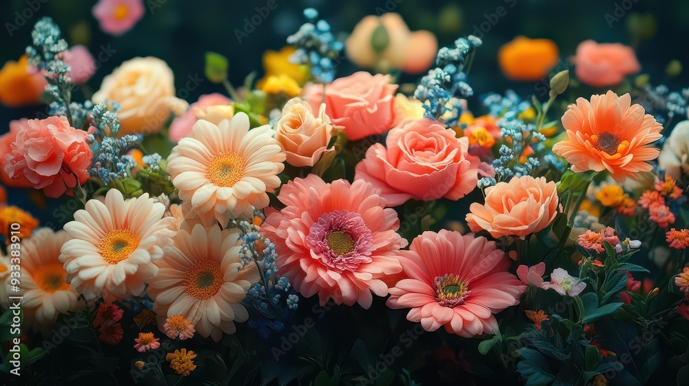 Naklejka premium exuberant floral arrangement explosion of colorful spring blooms delicate petals lush greenery soft focus pastel palette feminine aesthetic