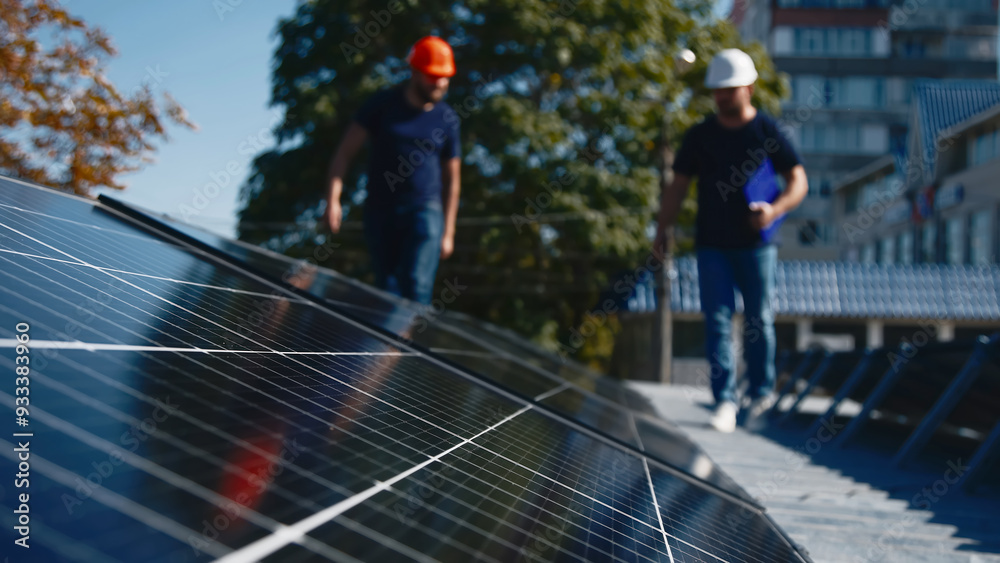 custom made wallpaper toronto digitalProfessional engineers inspect solar panel installation on a rooftop under sunlight. Detailed check of the solar system setup for efficiency and quality.
