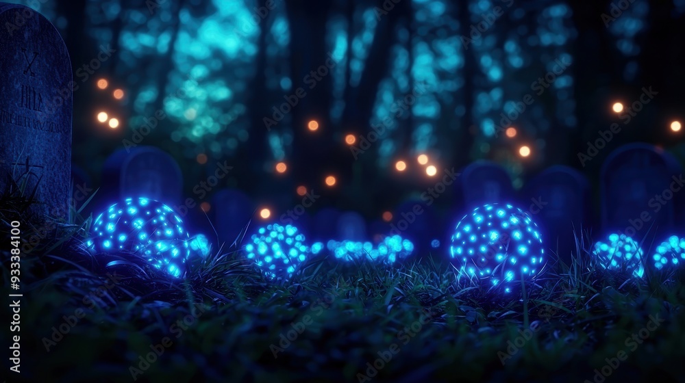Fototapeta premium Eerie Midnight Graveyard with Glowing Orbs - Spooky Scene with Selective Focus and Copy Space for Text in Ultra HD Resolution