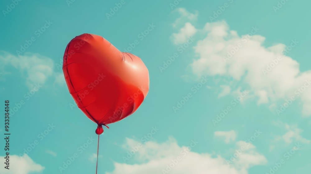 A close-up of a red heart-shaped balloon floating against a soft blue sky A close-up of a red heart-shaped balloon floating against a soft blue sky