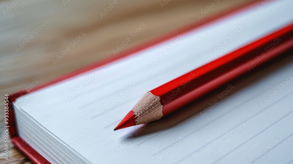 A close-up of a red pencil resting on a sketchbook, ready for creative ideas A close-up of a red pencil resting on a sketchbook, ready for creative ideas