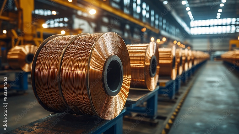 Spools of copper wire are lined up in a brightly lit manufacturing ...