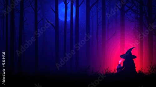 Enchanting Witchcraft in Moonlit Forest - Magical Potion Making Scene with Copy Space, Selective Focus, Ultra HD photo