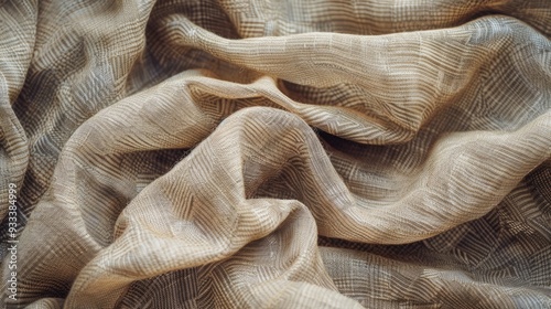 Close up view of crinkled beige fabric with a subtle pattern. AI generated images.