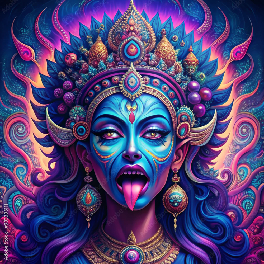 Sacred Vivid Kali: Indigo-skinned Deity Exudes Force, Dressed in Radiant Splendor, Celestial Energy Sacred Vivid Kali: Indigo-skinned Deity Exudes Force, Dressed in Radiant Splendor, Celestial Energy