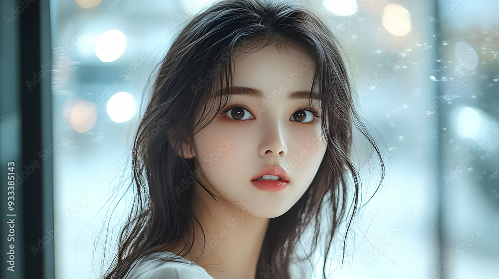 Young woman with long black hair looking at the camera with a serious expression. Young woman with long black hair looking at the camera with a serious expression.
