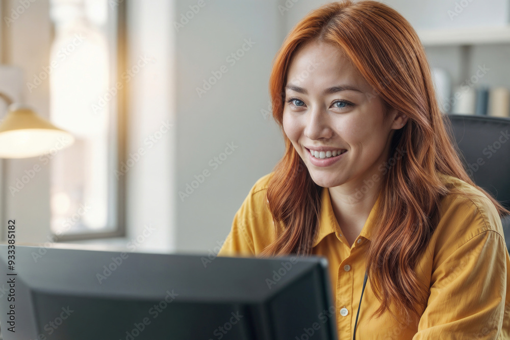 Portrait of happy Asian manager woman with red hair is sitting in front of a computer monitor in office Portrait of happy Asian manager woman with red hair is sitting in front of a computer monitor in office