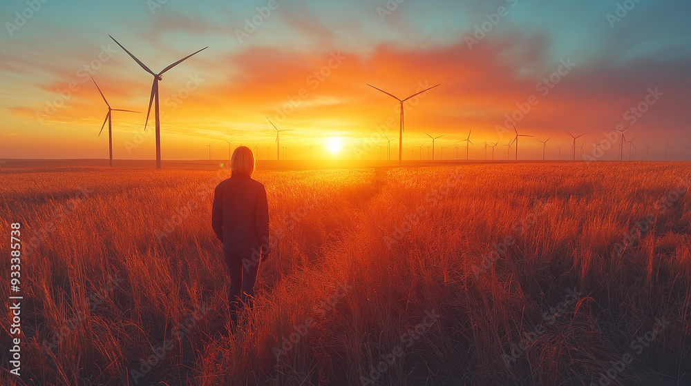 Fototapeta premium large wind turbines in an open landscape, either onshore or offshore, generating clean, sustainable energy
