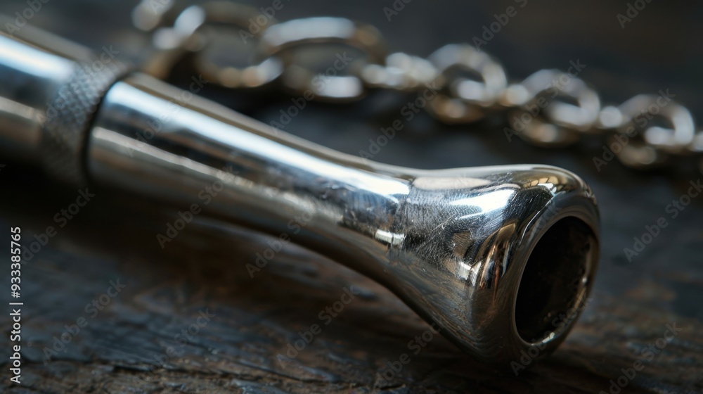 Naklejka premium A close-up of a silver whistle, symbolizing authority and readiness