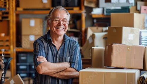 Senior businessman, home office, transport company style, e-commerce store, smiling, moving boxes.