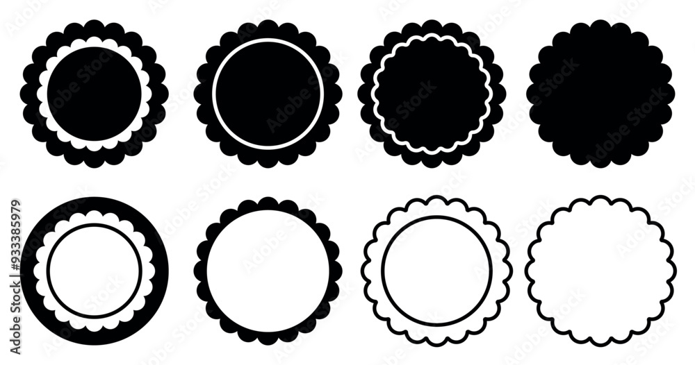Collection of circle scalloped frame in different style isolated on clear background.
