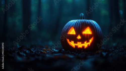 Mystical Carved Pumpkin with Glowing Runes in Dark Forest - Spooky Halloween Concept with Copy Space, Selective Focus (Ultra HD)