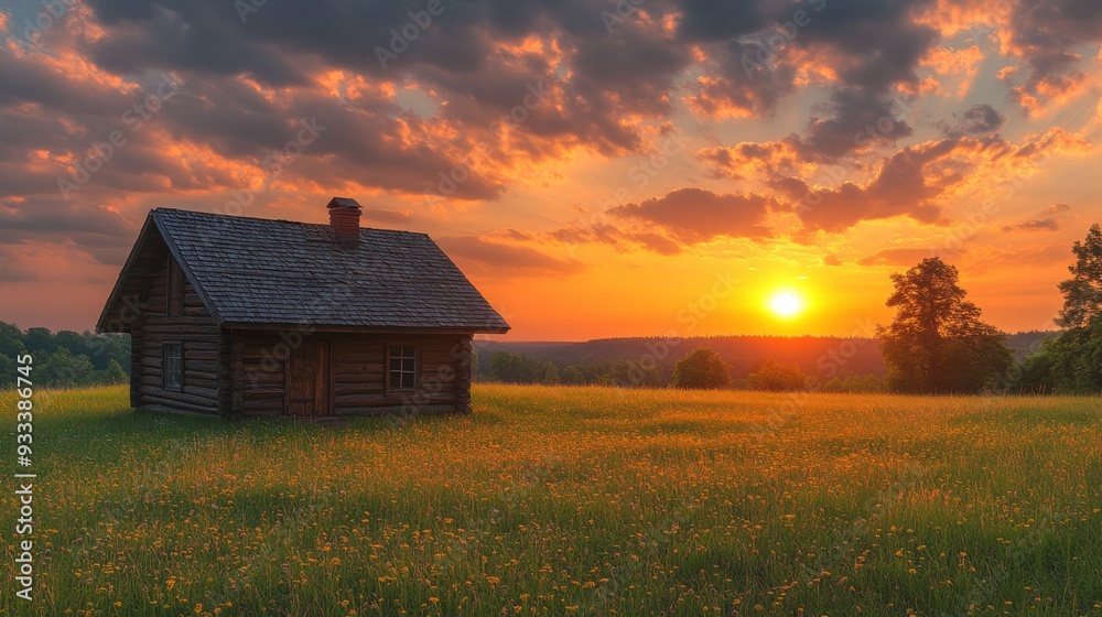 Fototapeta premium A serene sunset over a rustic wooden house in a grassy field.