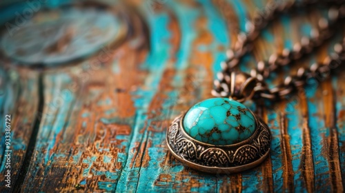 A close-up of a turquoise necklace resting on a wooden surface, showcasing its vibrant hue