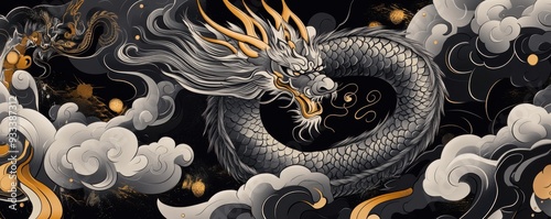 Magnificent Chinese dragon illustration with intricate details and swirling clouds in elegant vector art style photo