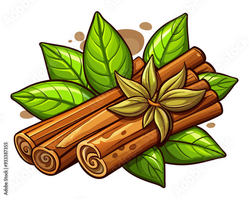 cartoon vector illustration of cinnamon sticks and mint, white isolated background photo