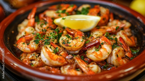 Mix of spicy shrimps and shellfish cooked with parsley, garlic and lemon .Spanish restaurant table