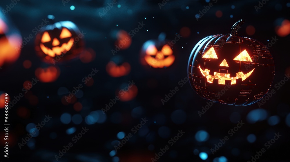 Naklejka premium Futuristic Halloween: Glowing Jack-o'-Lanterns Holograms in Sci-Fi Setting with Copy Space, Selective Focus. Ultra HD Quality.